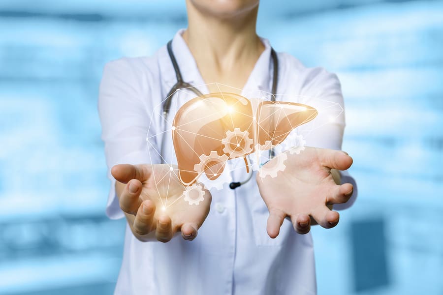 A doctor with a stethoscope around her neck is holding a liver inside a digital mechanism of wireless connections and cogwheels combination. The concept is the liver healthy working mechanism.